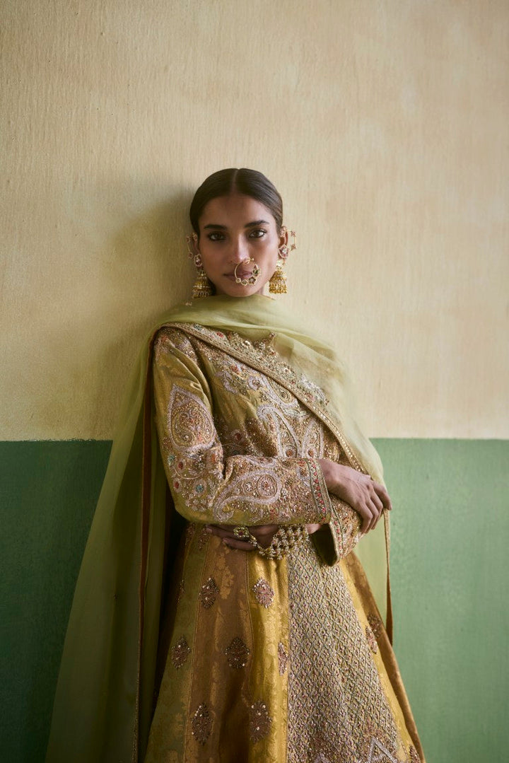 Brocade Double Layered Kalidar With Organza Dupatta