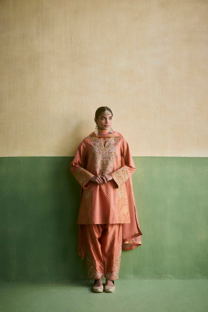 Mixed Brocade Phiran Kurta With Salwar And Organza Dupatta
