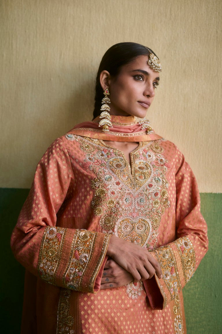 Mixed Brocade Phiran Kurta With Salwar And Organza Dupatta