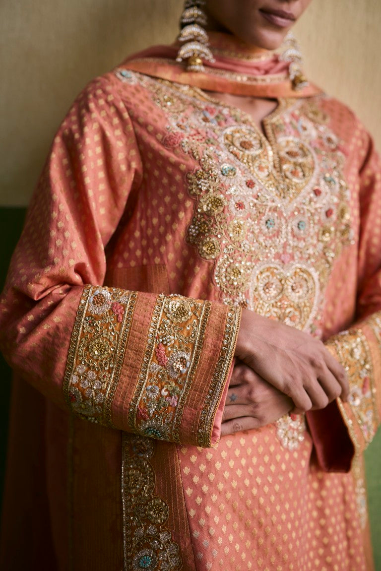 Mixed Brocade Phiran Kurta With Salwar And Organza Dupatta