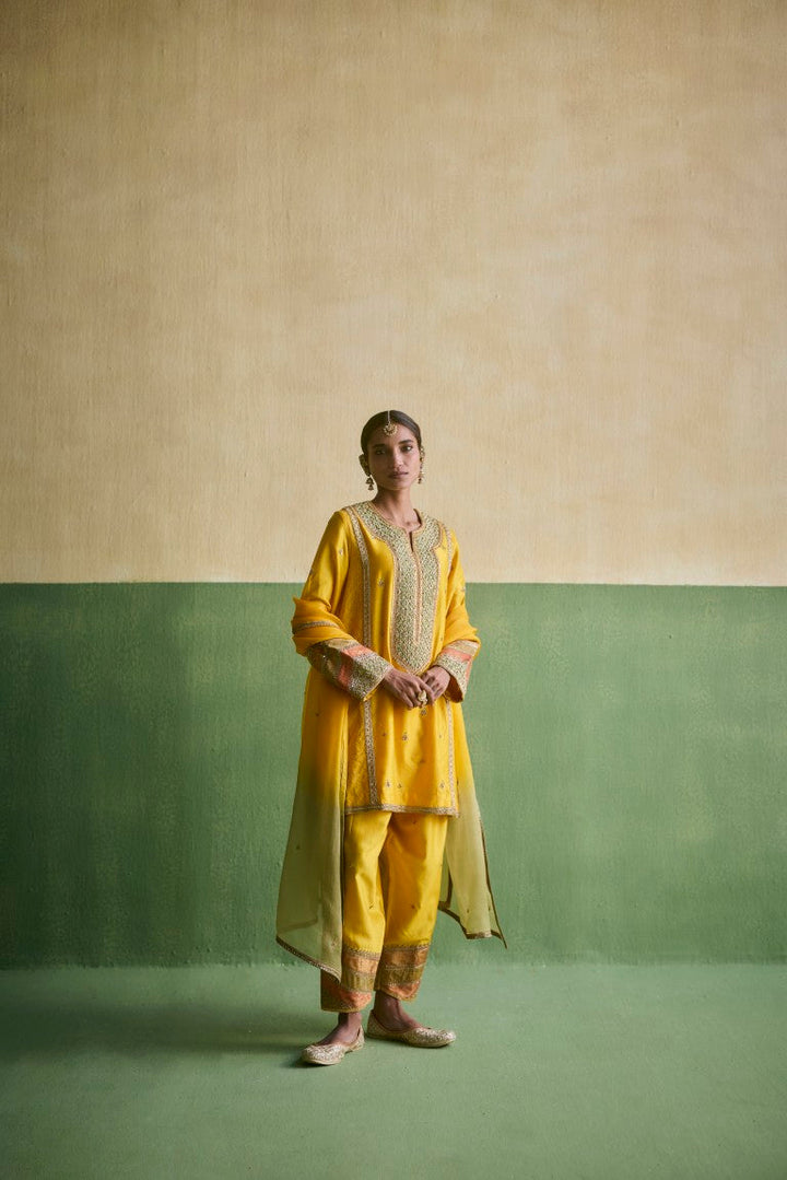 Yellow Chadi Short Kurti With Salwar And Dupatta