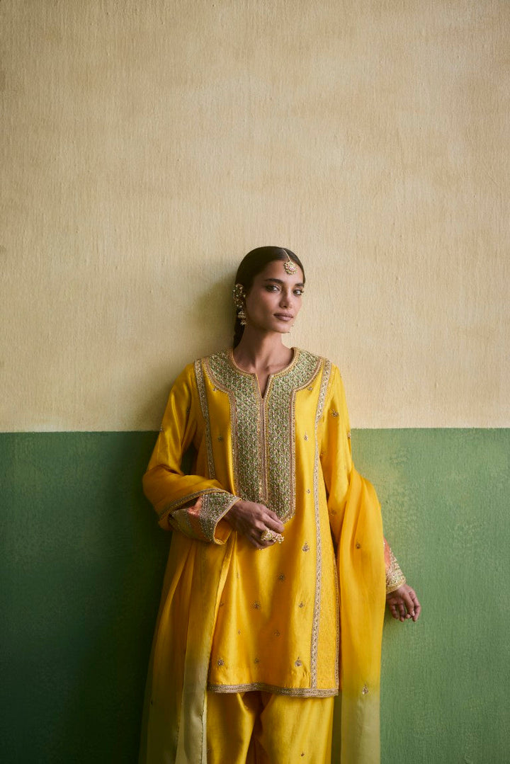 Yellow Chadi Short Kurti With Salwar And Dupatta