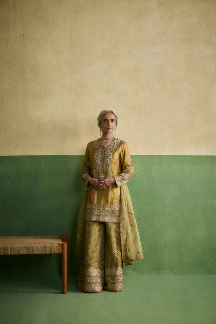 Striped Brocade Kurti With Sharara & Organza Dupatta