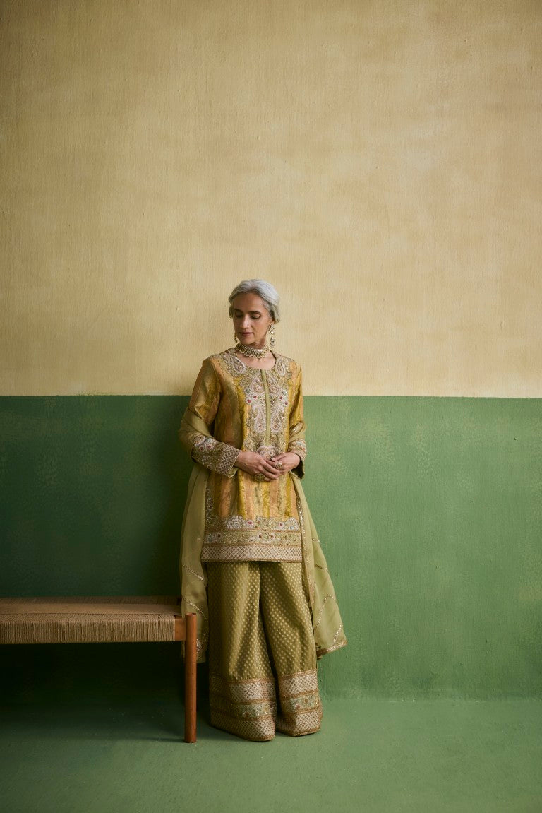 Striped Brocade Kurti With Sharara & Organza Dupatta