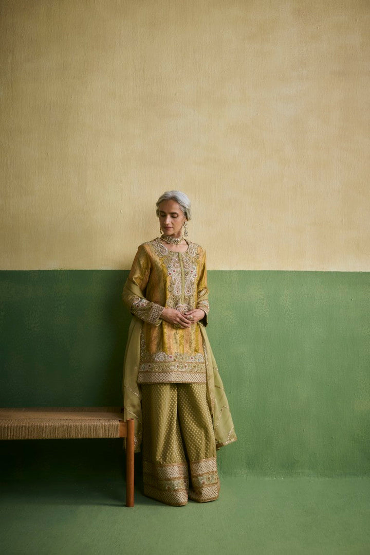 Striped Brocade Kurti With Sharara & Organza Dupatta