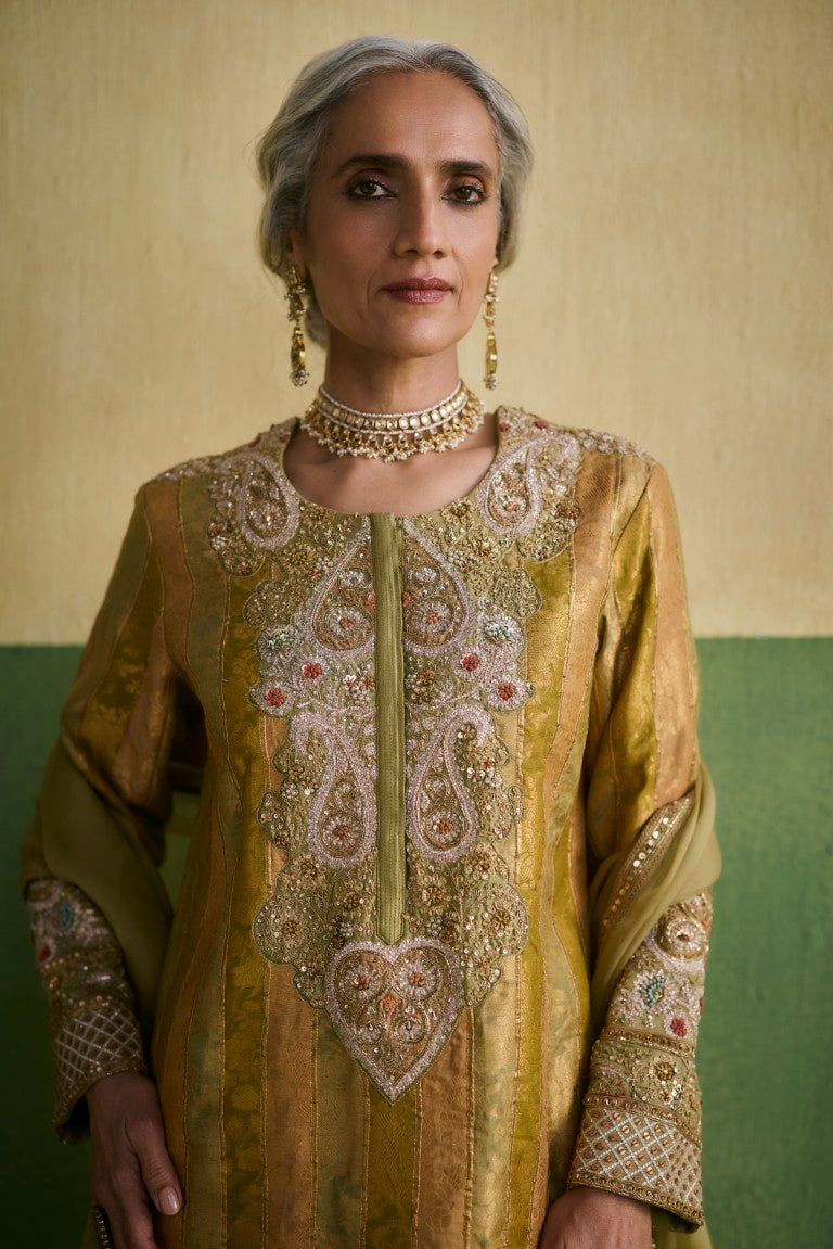 Striped Brocade Kurti With Sharara & Organza Dupatta