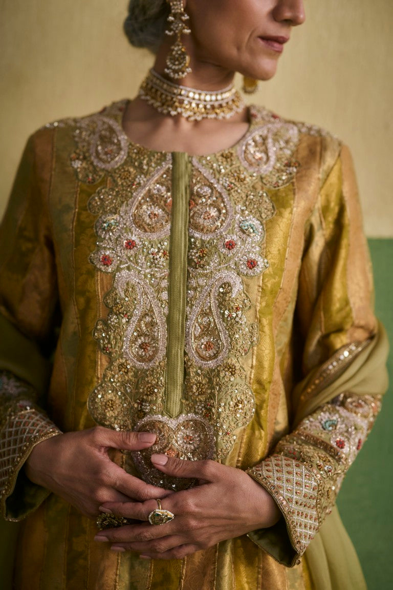 Striped Brocade Kurti With Sharara & Organza Dupatta