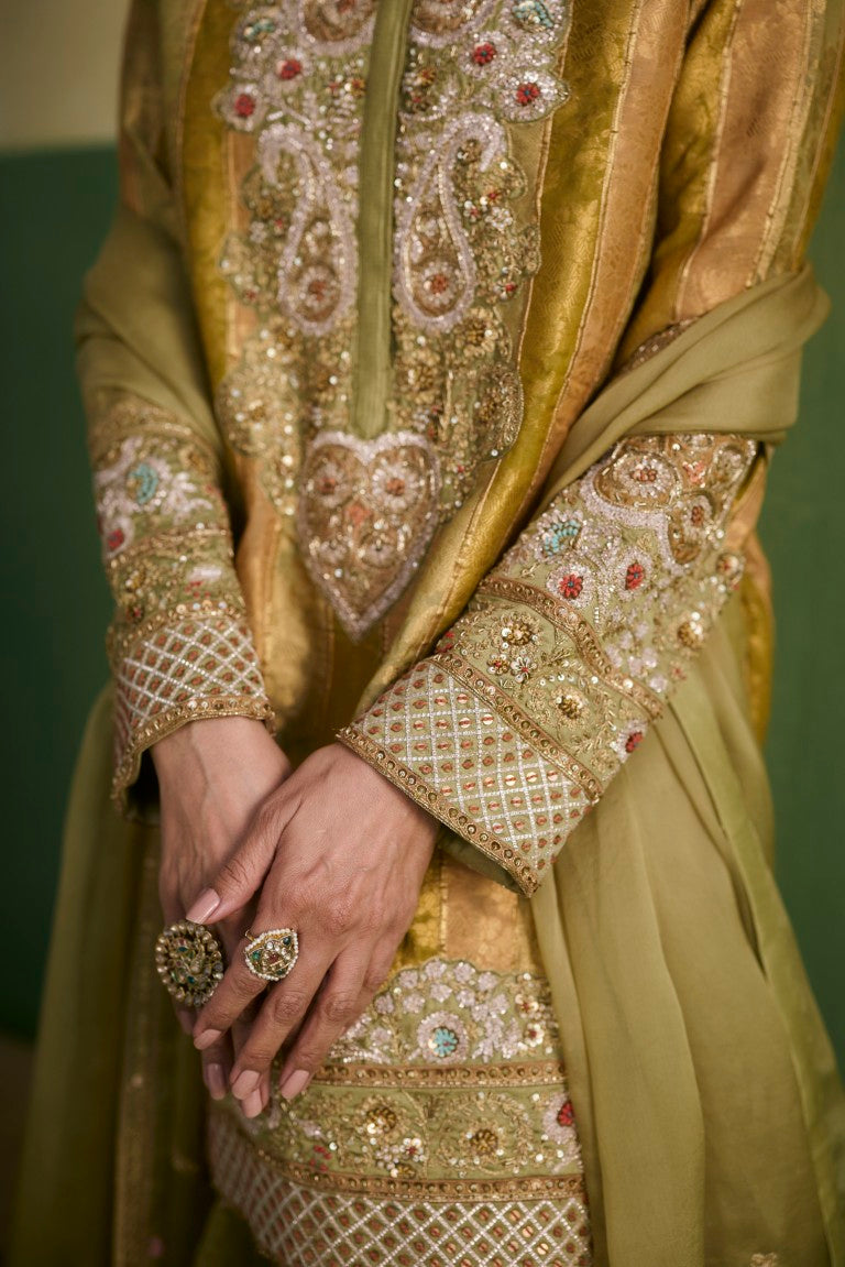 Striped Brocade Kurti With Sharara & Organza Dupatta