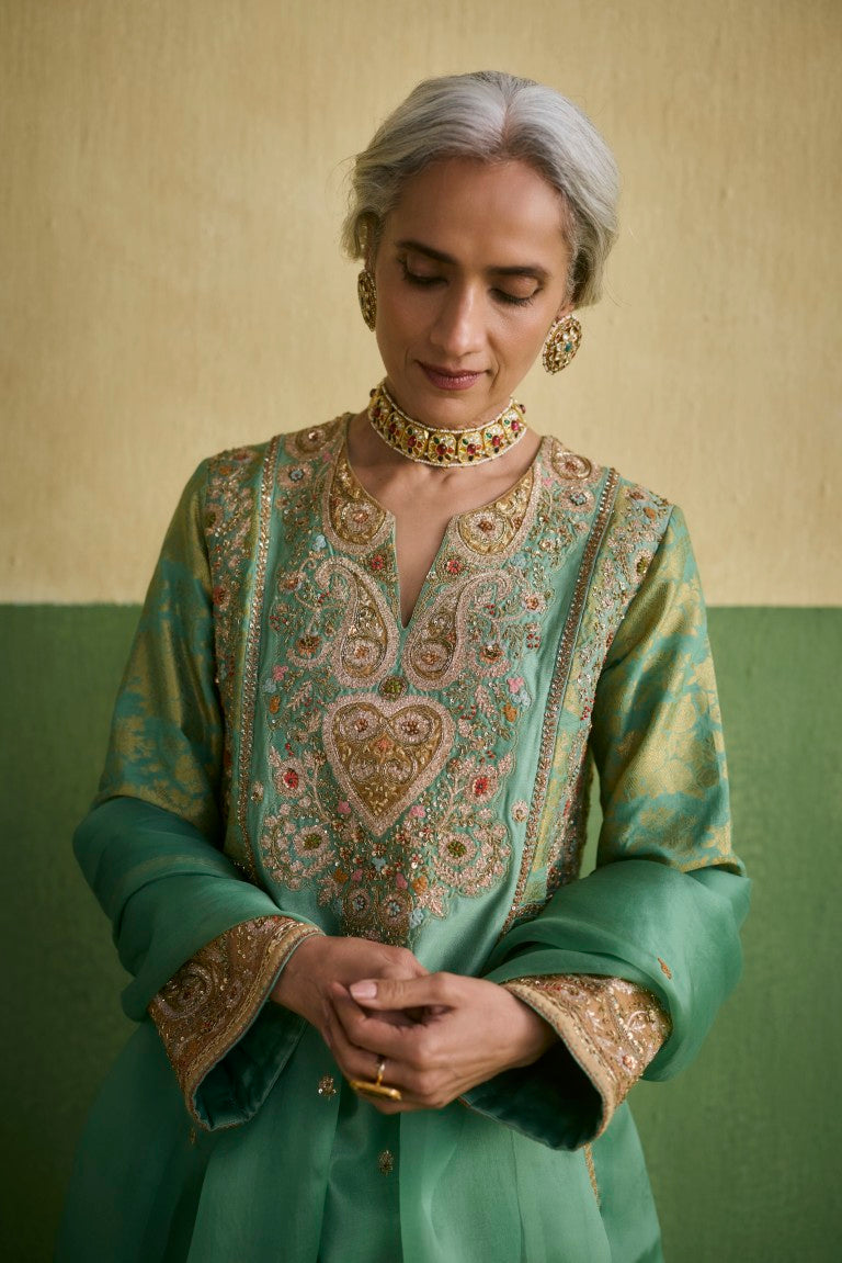 Brocade Panel Short Kurti And Salwar With Dupatta