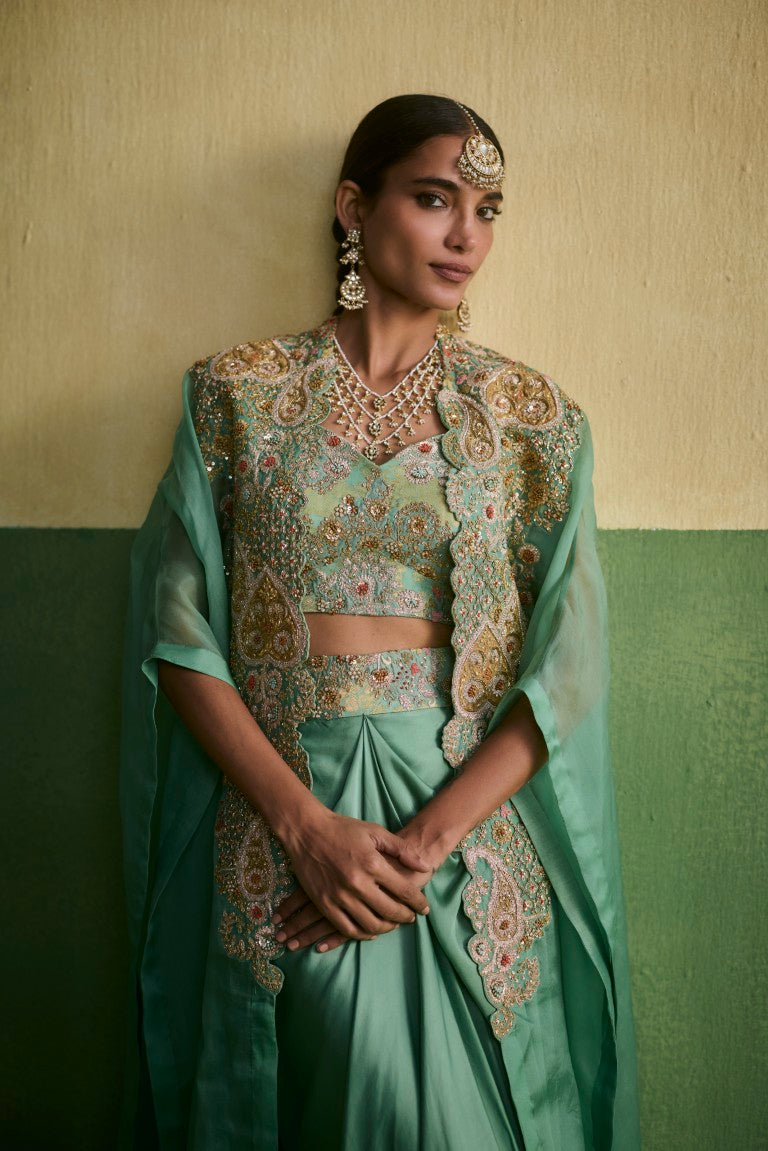 Drape Skirt Set With Bustier And Cape