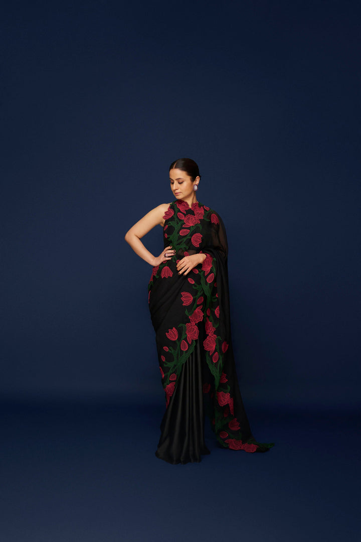 Wild Tulip Pre-Stitched Saree Set - Black with Pink & Green Tulip Embroidery