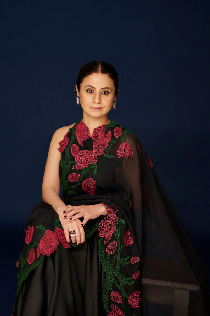 Wild Tulip Pre-Stitched Saree Set - Black with Pink & Green Tulip Embroidery