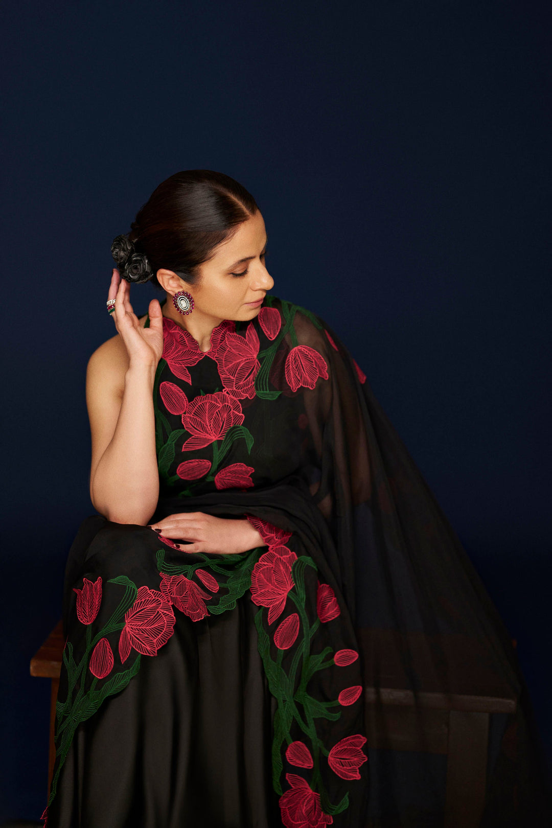 Wild Tulip Pre-Stitched Saree Set - Black with Pink & Green Tulip Embroidery