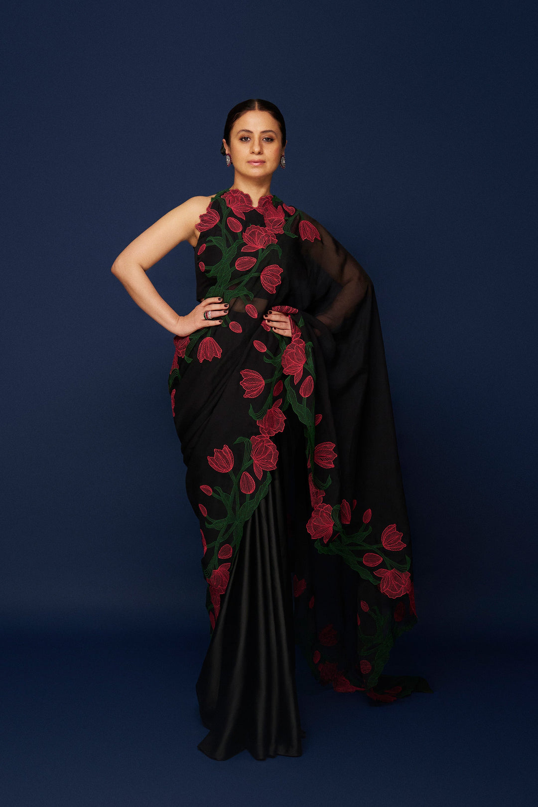 Wild Tulip Pre-Stitched Saree Set - Black with Pink & Green Tulip Embroidery