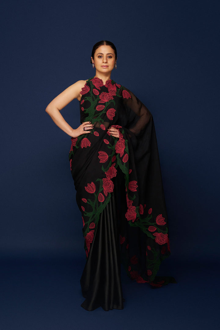 Wild Tulip Pre-Stitched Saree Set - Black with Pink & Green Tulip Embroidery