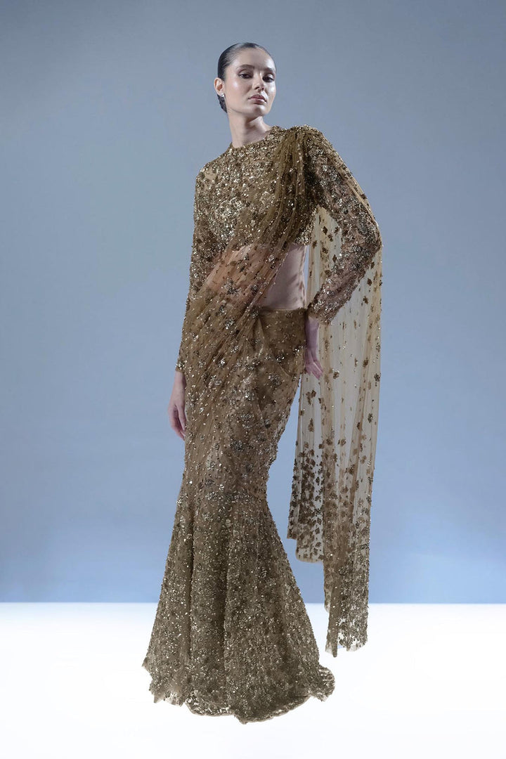 Midnight Ember Drape Saree - Gold