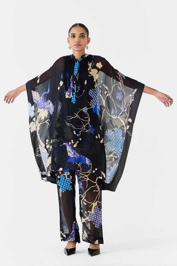 Black Crane Organza Kimono & Pants Co-ord