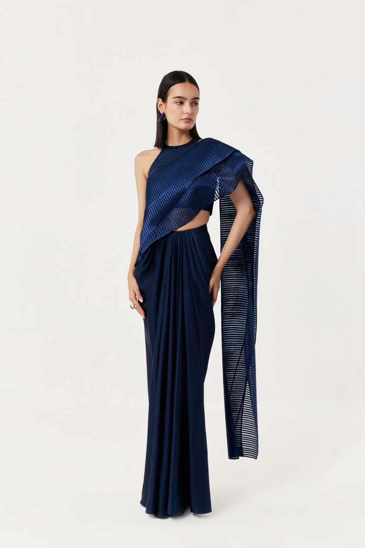 Layered Wave Pre-Stitched Saree - Navy Blue