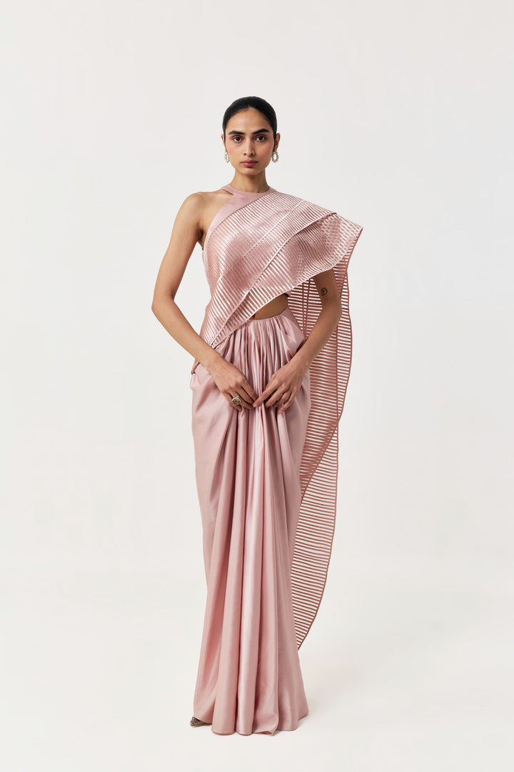 Layered Wave Pre-Stitched Saree - Rose Gold