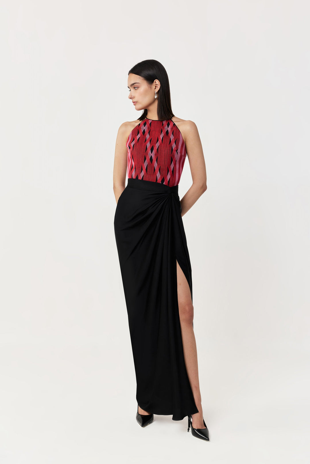 Entwined Corded Halter Top Skirt Set - Black & Red