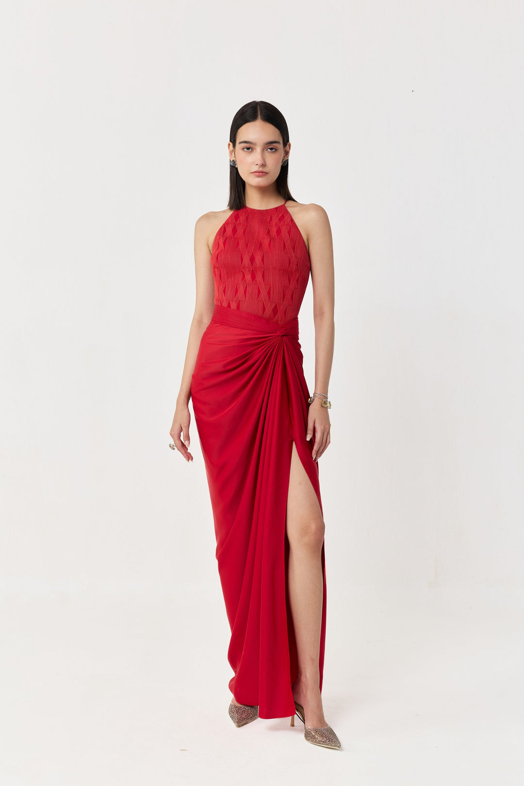 Entwined Corded Halter Top Skirt Set - Red