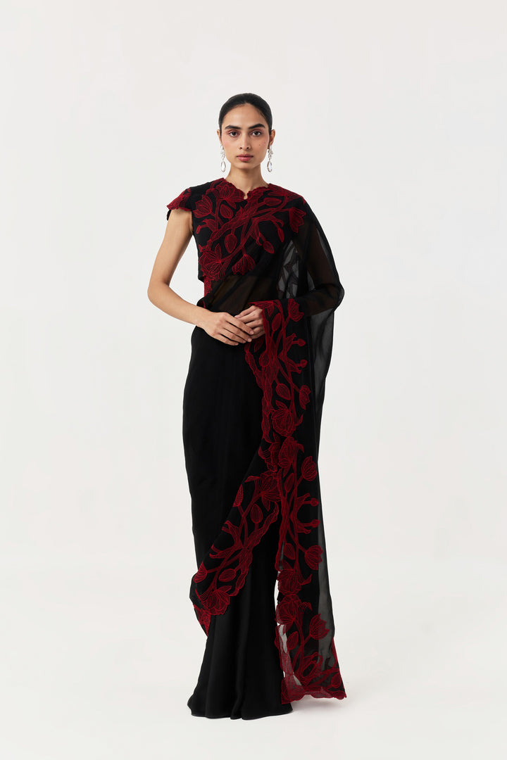 Wild Tulip Pre-Stitched Saree Set With Sleeves - Black & Red