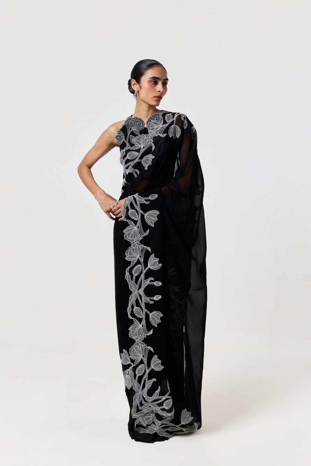 Wild Tulip Pre-Stitched Saree Set - Black & White