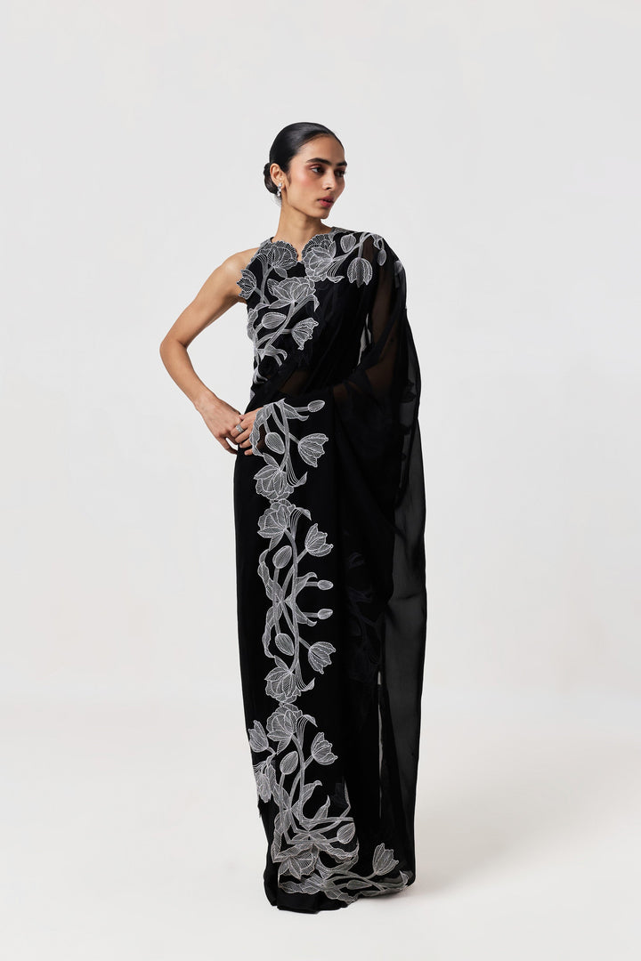Wild Tulip Pre-Stitched Saree Set - Black & White