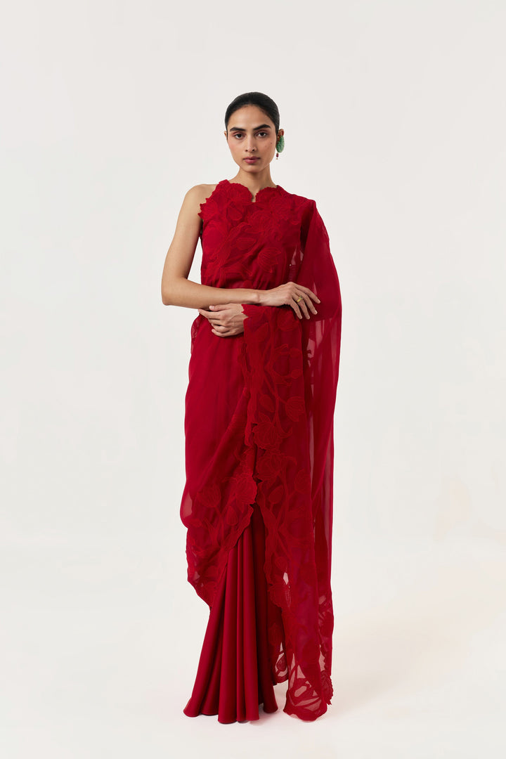 Wild Tulip Pre-Stitched Saree Set - Red