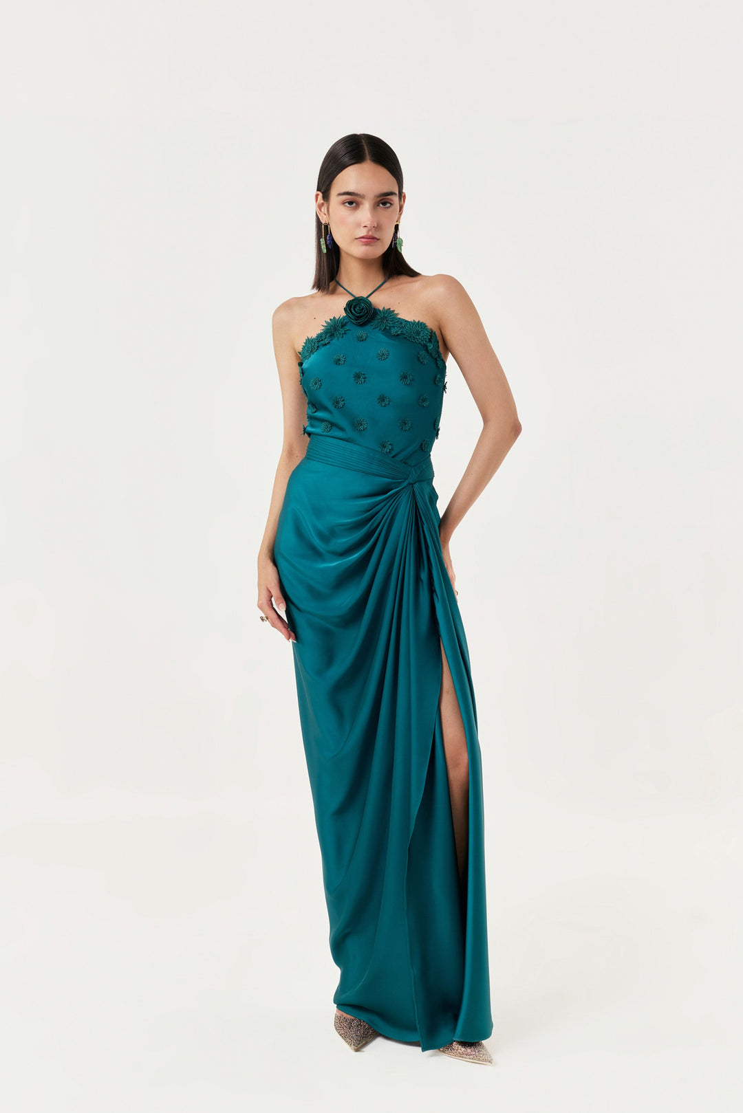 3D Floral Halter Top Skirt Set - Emerald Teal