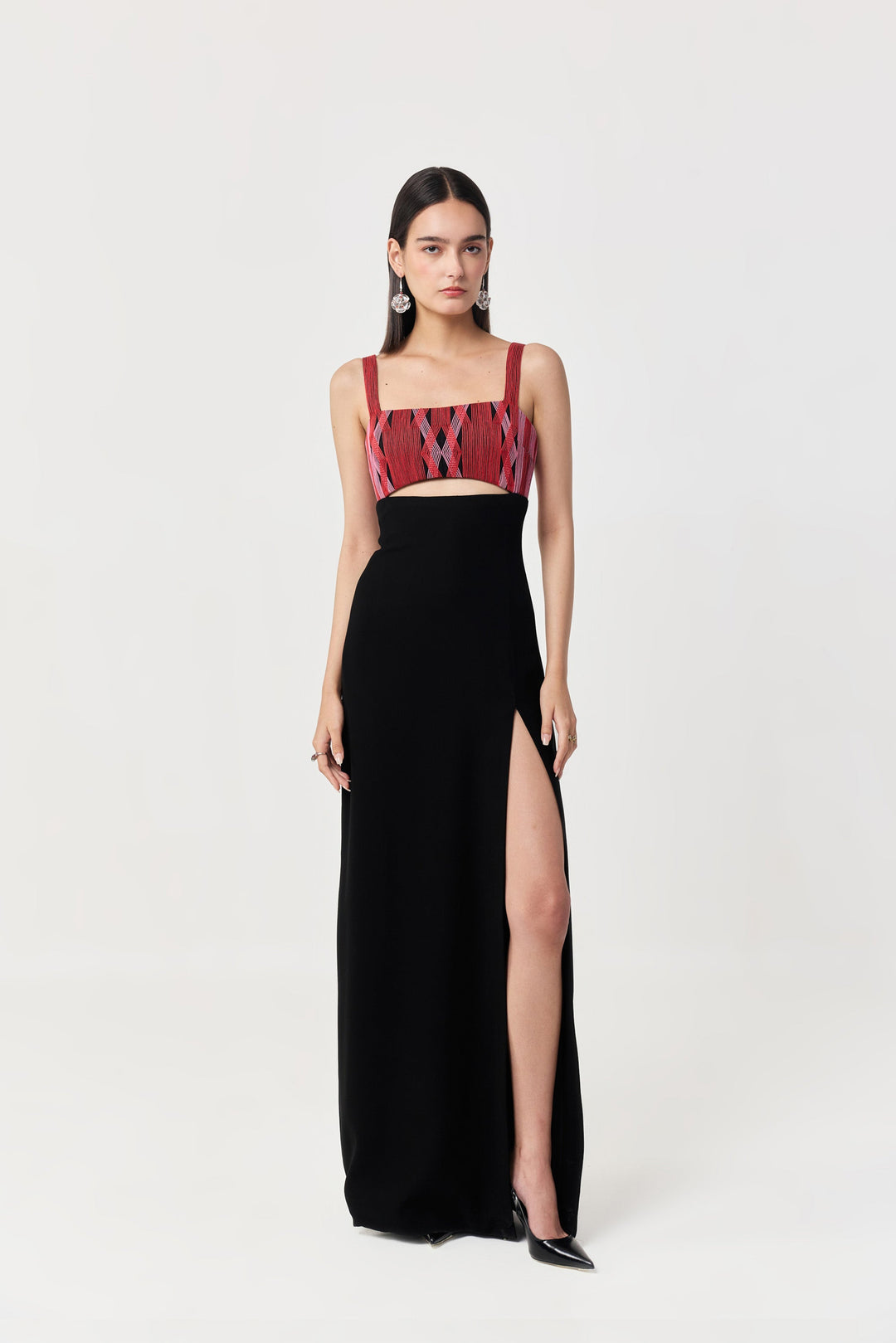 Entwined Corded Yoke Dress with Cutout - Black & Red