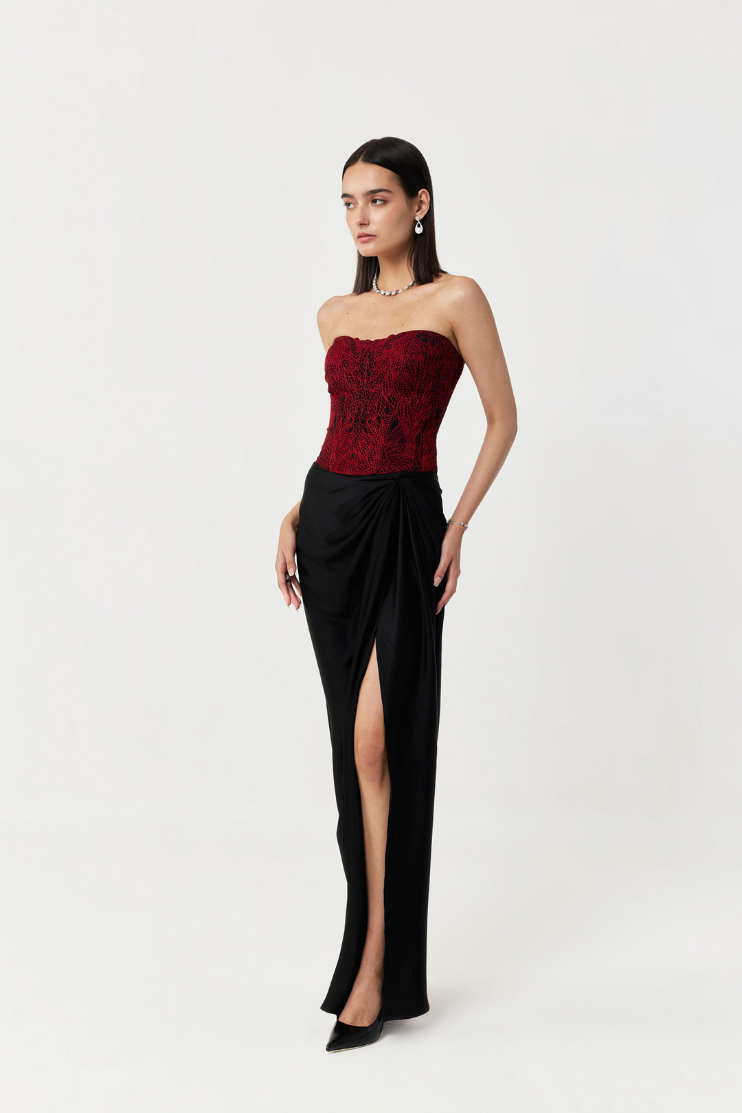 Moss Forest Embroidered Corset Set - Black & Red