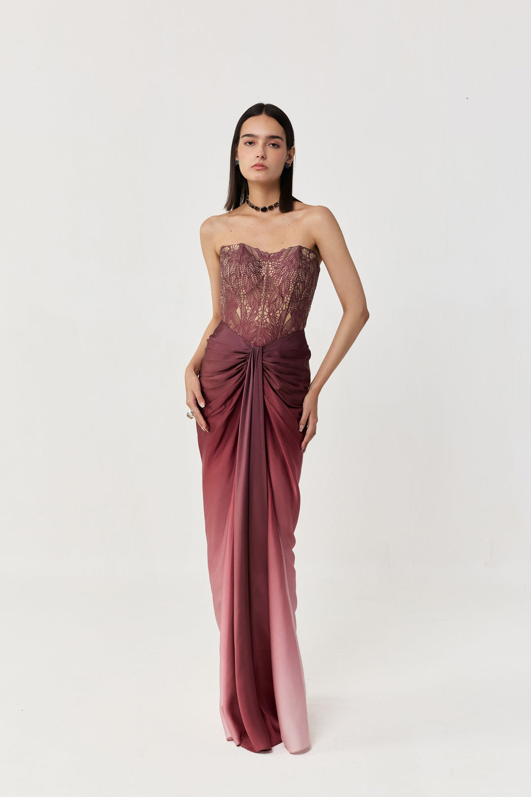 Moss Forest Appliqué Corset Skirt Set - Maroon Ombre