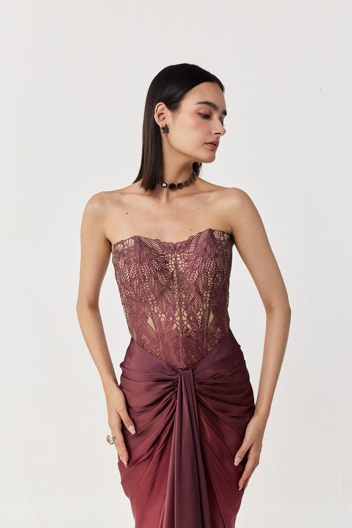 Moss Forest Appliqué Corset - Maroon