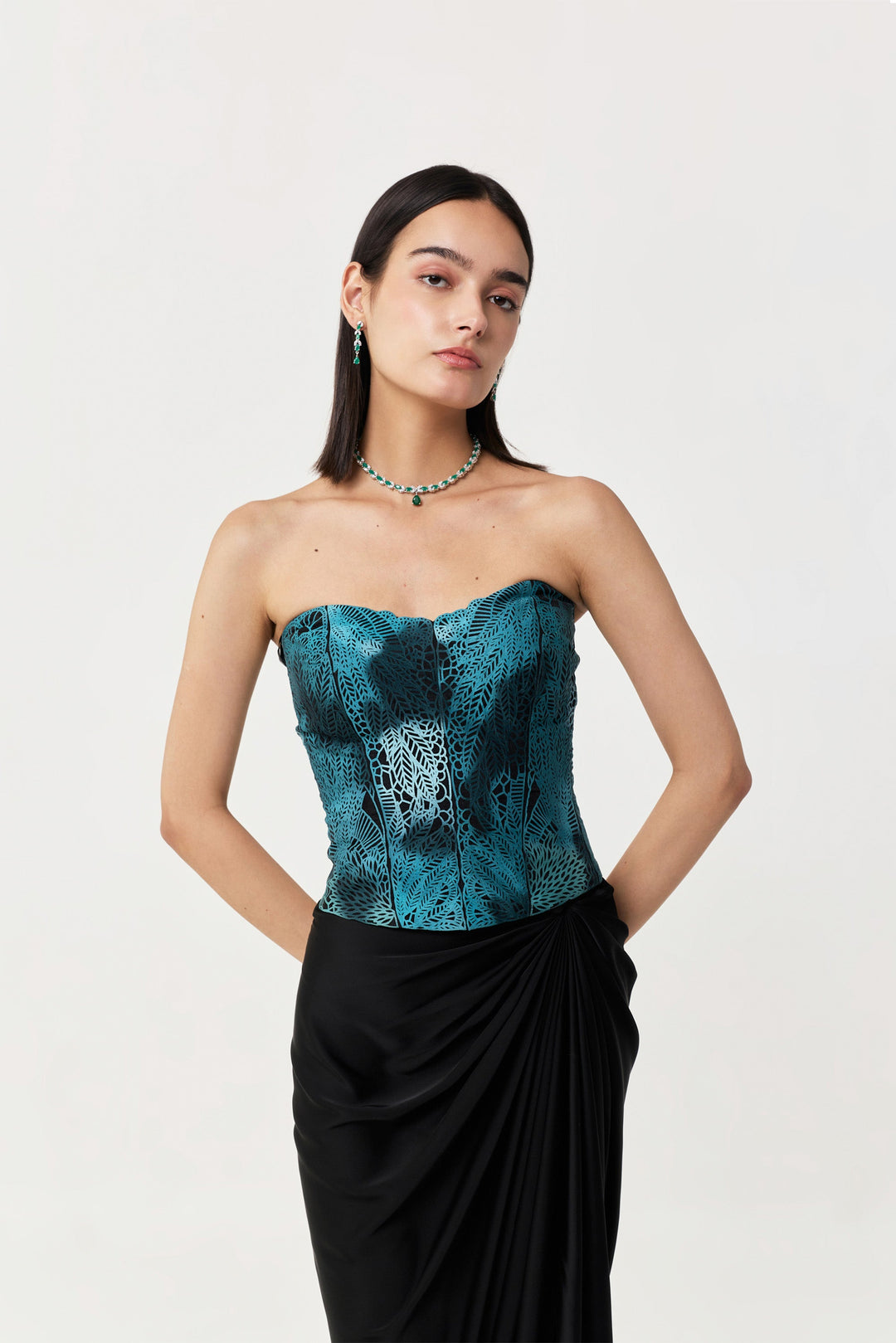 Moss Forest Appliqué Corset - Emerald Teal