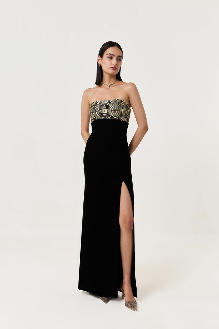 Geometric Dabka Strapless Dress
