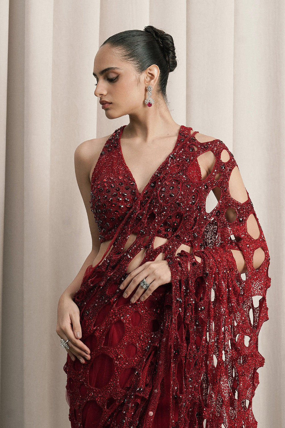 Red Net Saree With Halter-Neck Blouse