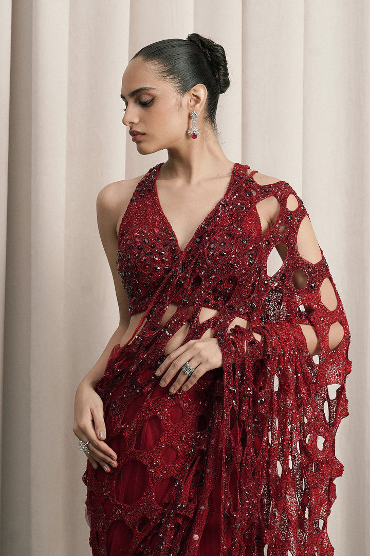 Red Net Saree With Halter-Neck Blouse