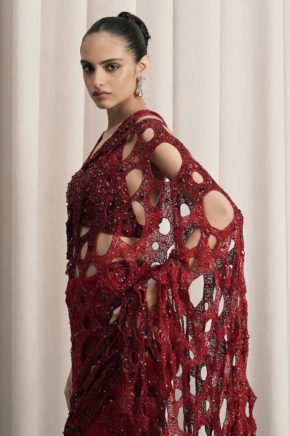 Red Net Saree With Halter-Neck Blouse