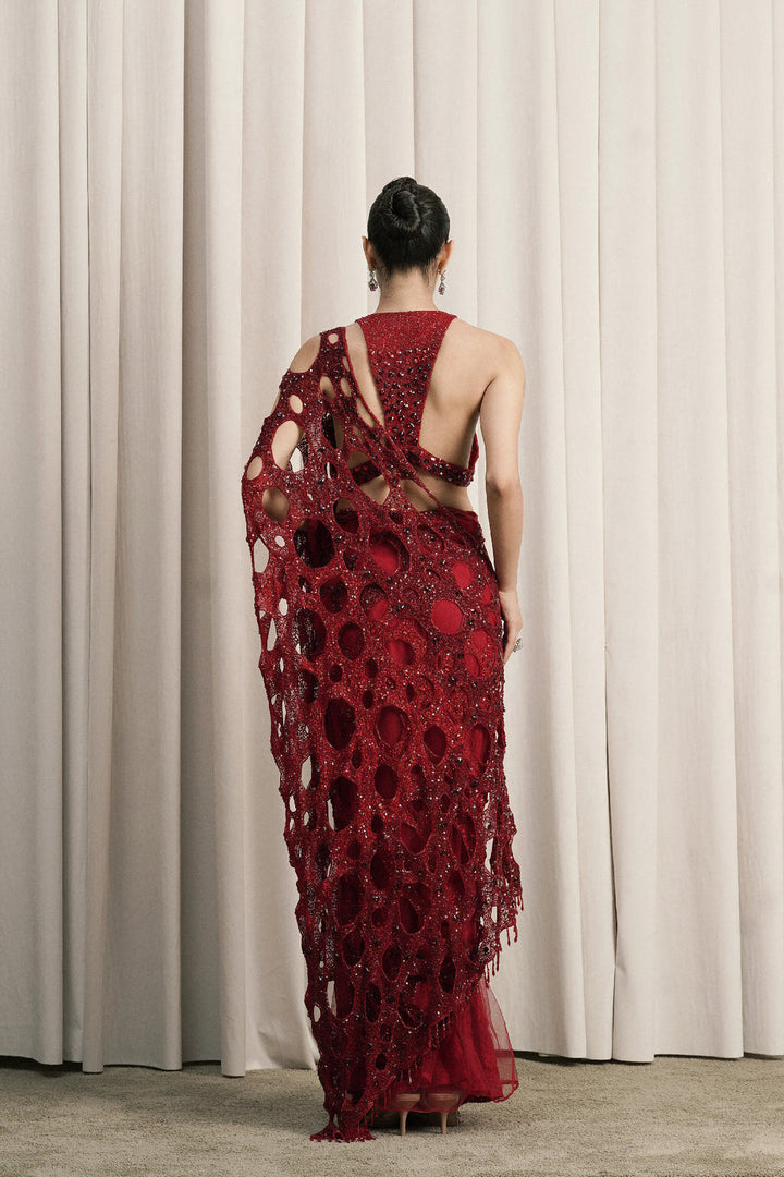 Red Net Saree With Halter-Neck Blouse