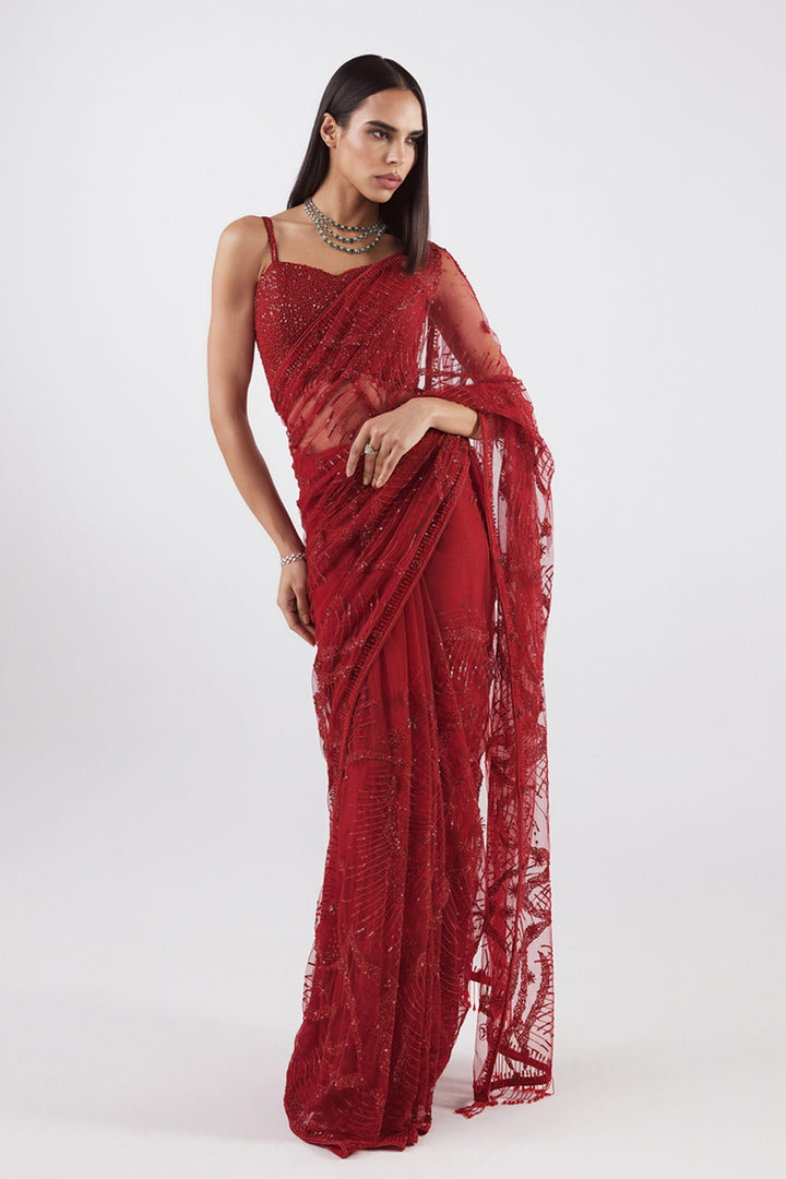 Red Cocktail Net Saree