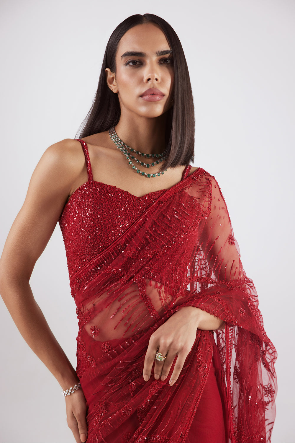 Red Cocktail Net Saree