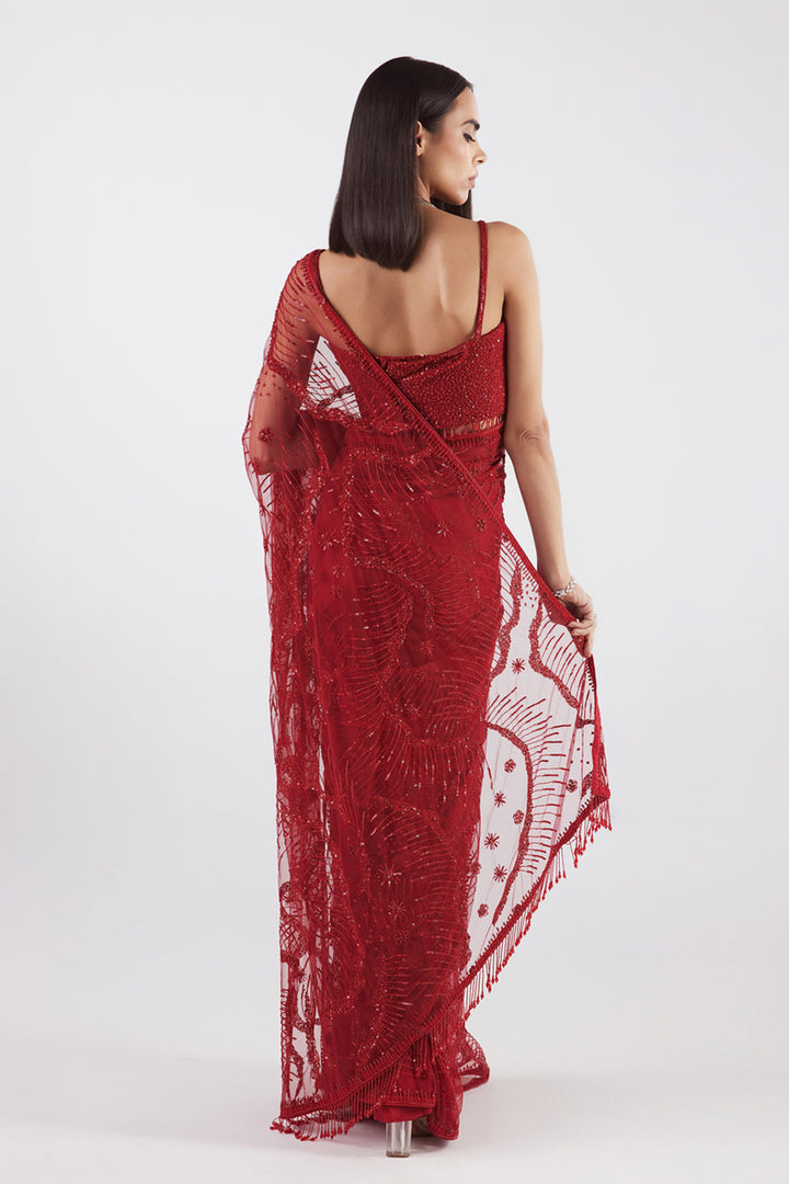 Red Cocktail Net Saree