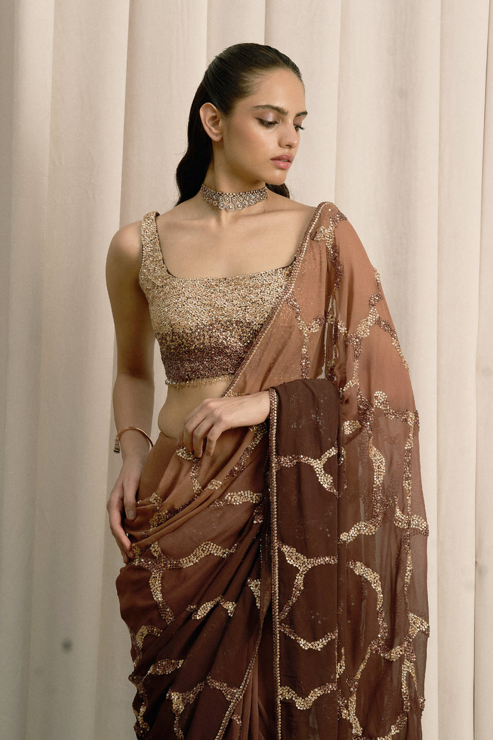Brown Shaded Georgette Saree With Blouse