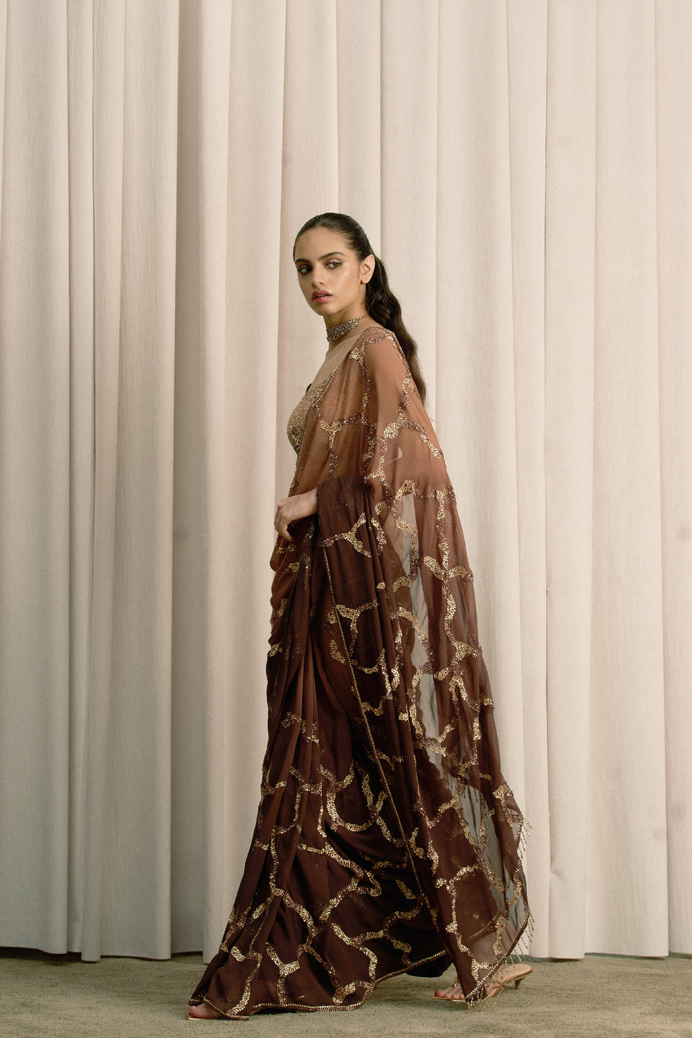 Brown Shaded Georgette Saree With Blouse