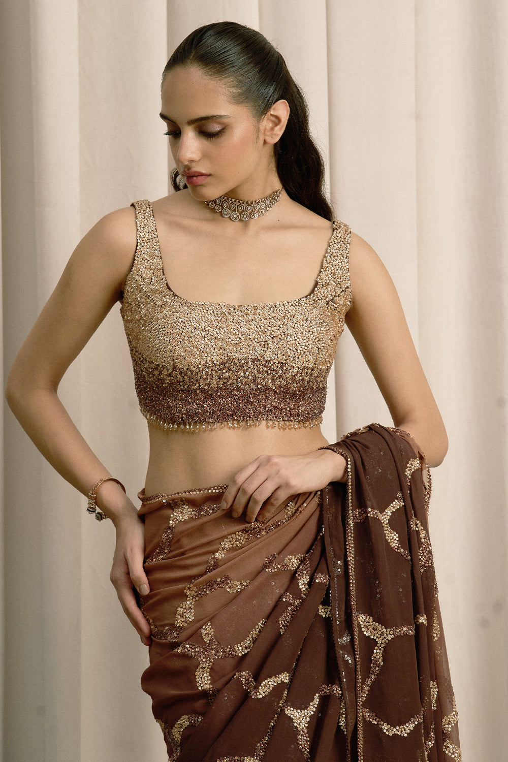 Brown Shaded Georgette Saree With Blouse