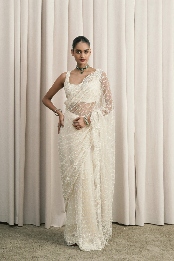 Ivory Embroidered Net Saree With Blouse