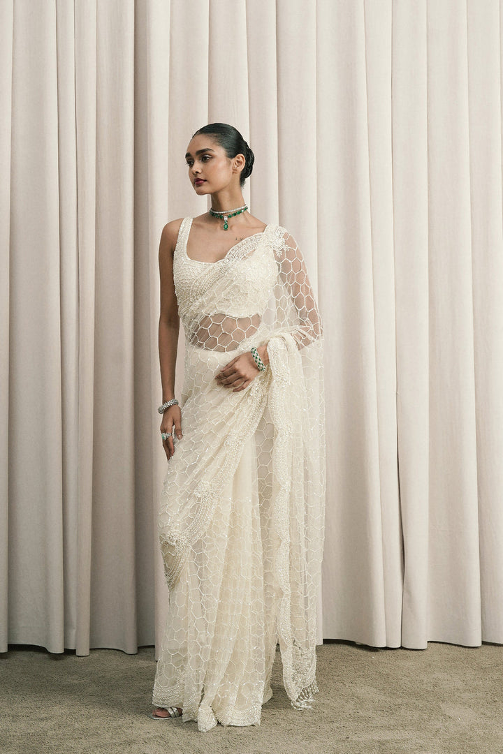 Ivory Embroidered Net Saree With Blouse