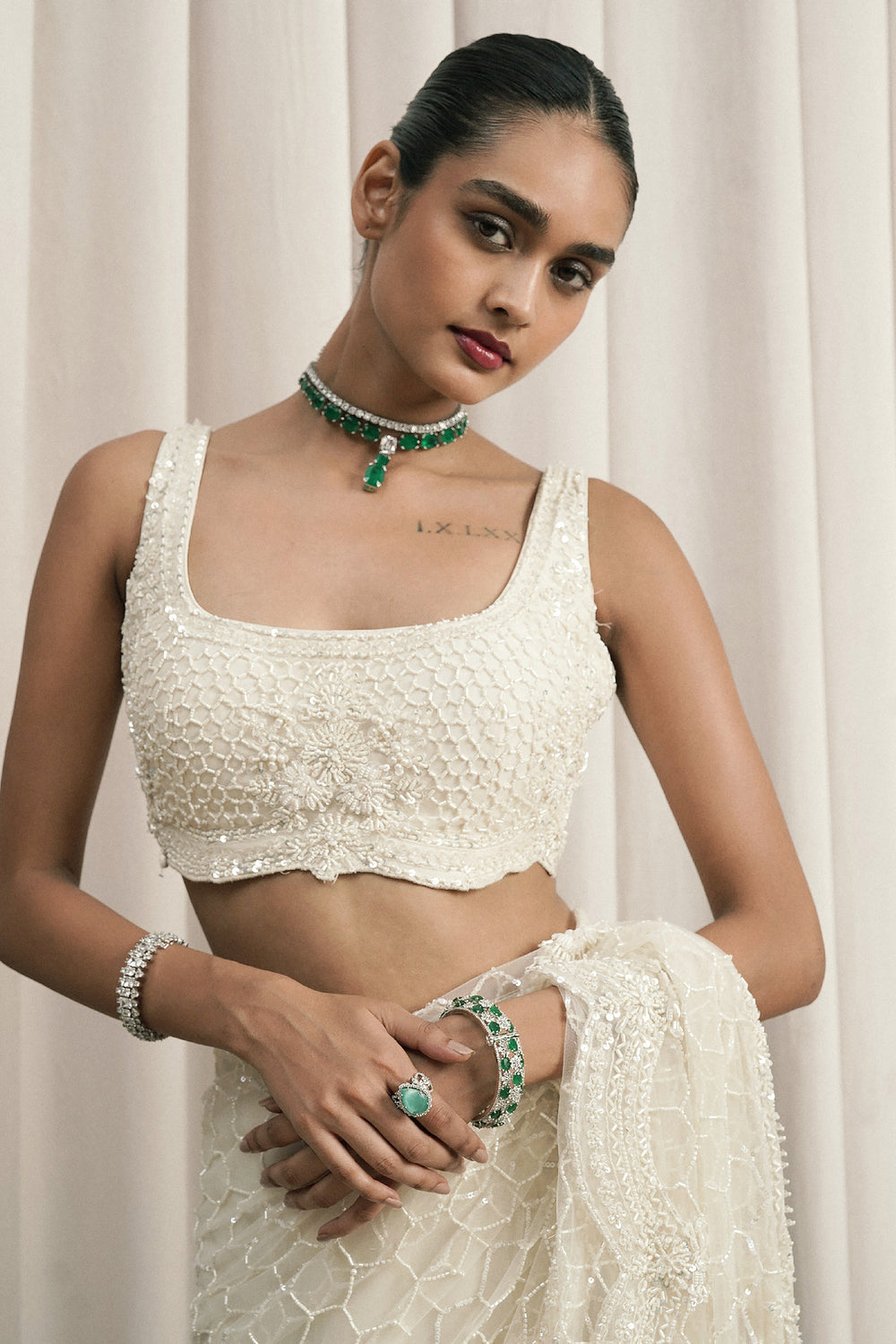 Ivory Embroidered Net Saree With Blouse