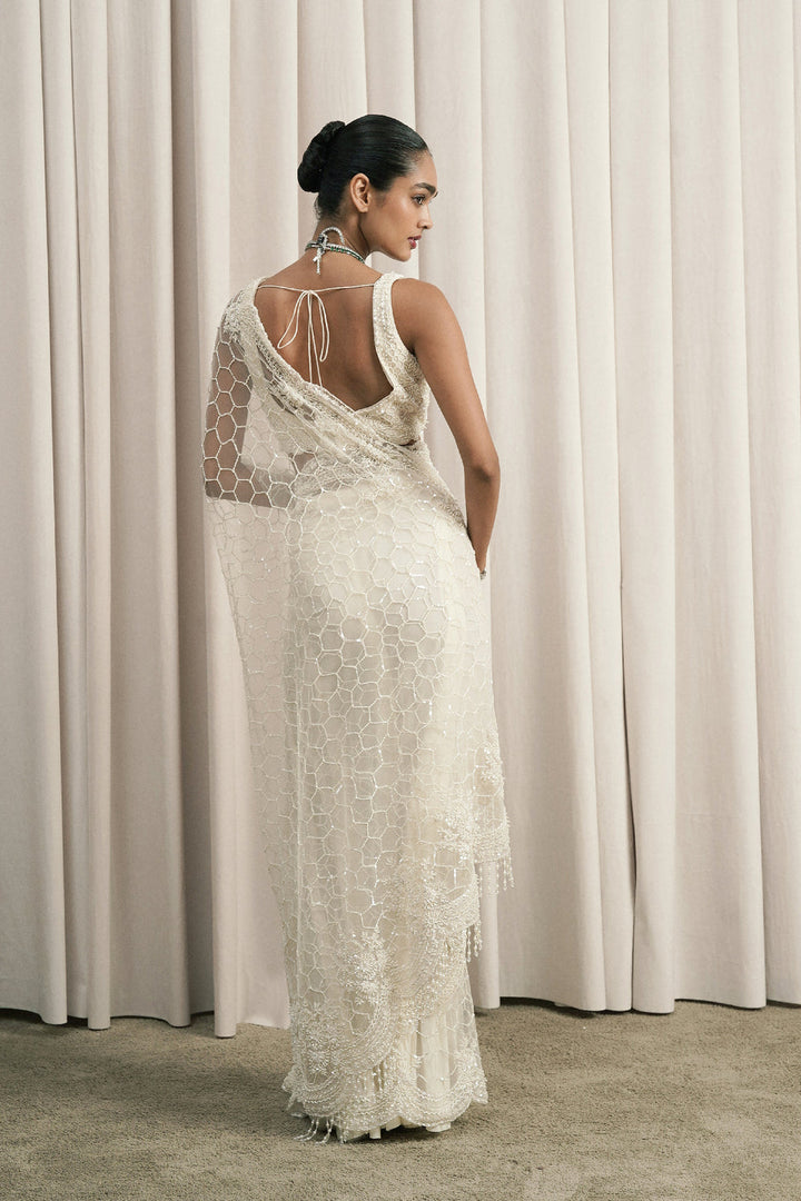 Ivory Embroidered Net Saree With Blouse